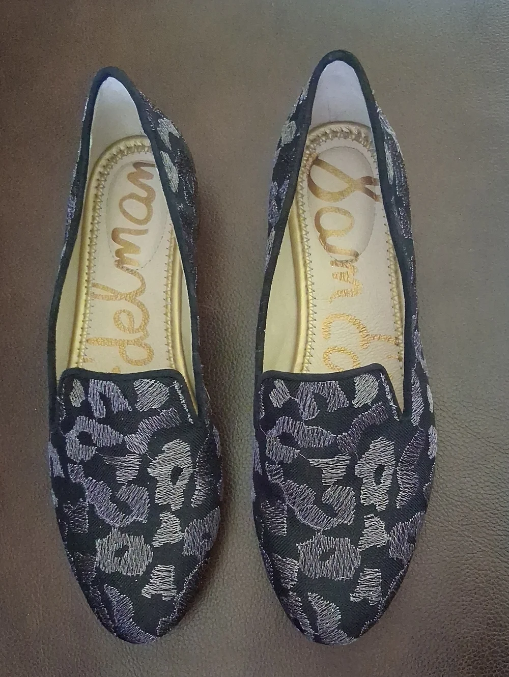 Sam Edelman Jordy Black Silver Mesh Leather Leopard Embroidered Loafers 6.5